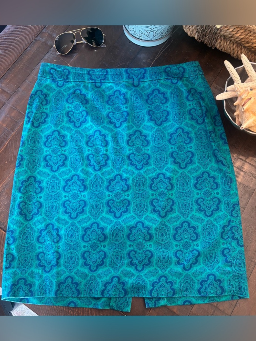 J. Crew Pencil Skirt Size 4
Teal and Blue Paisley Summer Preppy Office / Brunch